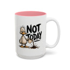 Not Today Duck Coffee Mug, another view. Wild-haired duck watching his coffee spill from a tipped mug