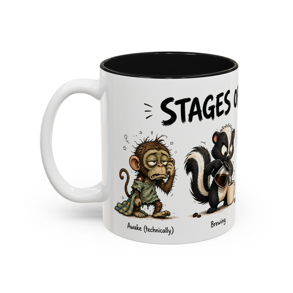 Stages of Morning Animal Coffee Mug, 11 oz, white with black interior. Wraparound mug of cute animals, including a koala and a skunk, going through the “Stages of Morning” with coffee