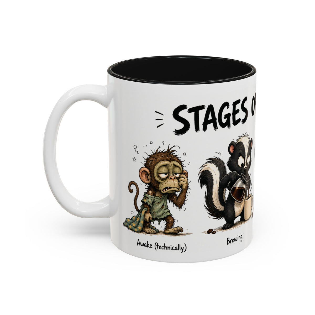 Stages of Morning Animal Coffee Mug, 11 oz, white with black interior. Wraparound mug of cute animals, including a koala and a skunk, going through the “Stages of Morning” with coffee