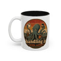 Handling It With Coffee Octopus Mug, 11 oz, white with black interior. Sleepy octopus juggling four coffees with “Handling It (With Coffee)” text