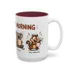 Stages of Morning Animal Coffee Mug, another view. Wraparound mug of cute animals, including a koala and a skunk, going through the “Stages of Morning” with coffee
