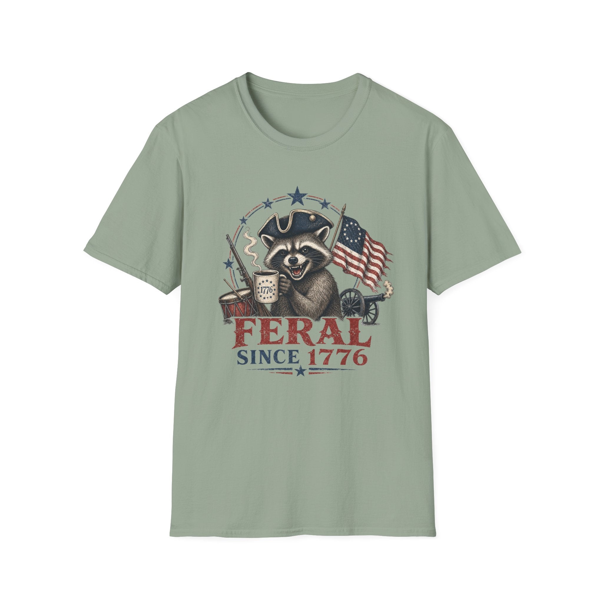 Feral Since 1776 T-Shirt — Patriotic Raccoon Flag Tee