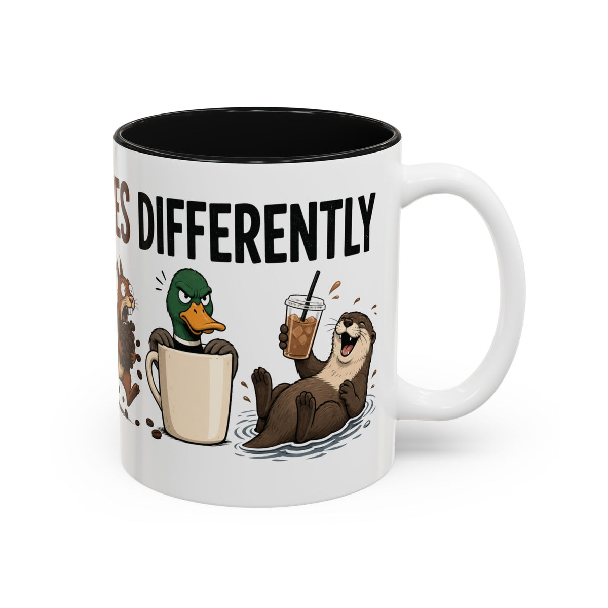 Everyone Copes Differently Animal Coffee Mug, another view. Wraparound mug with a raccoon, sloth, squirrel, duck and otter coping with coffee under “Everyone Copes Differently”