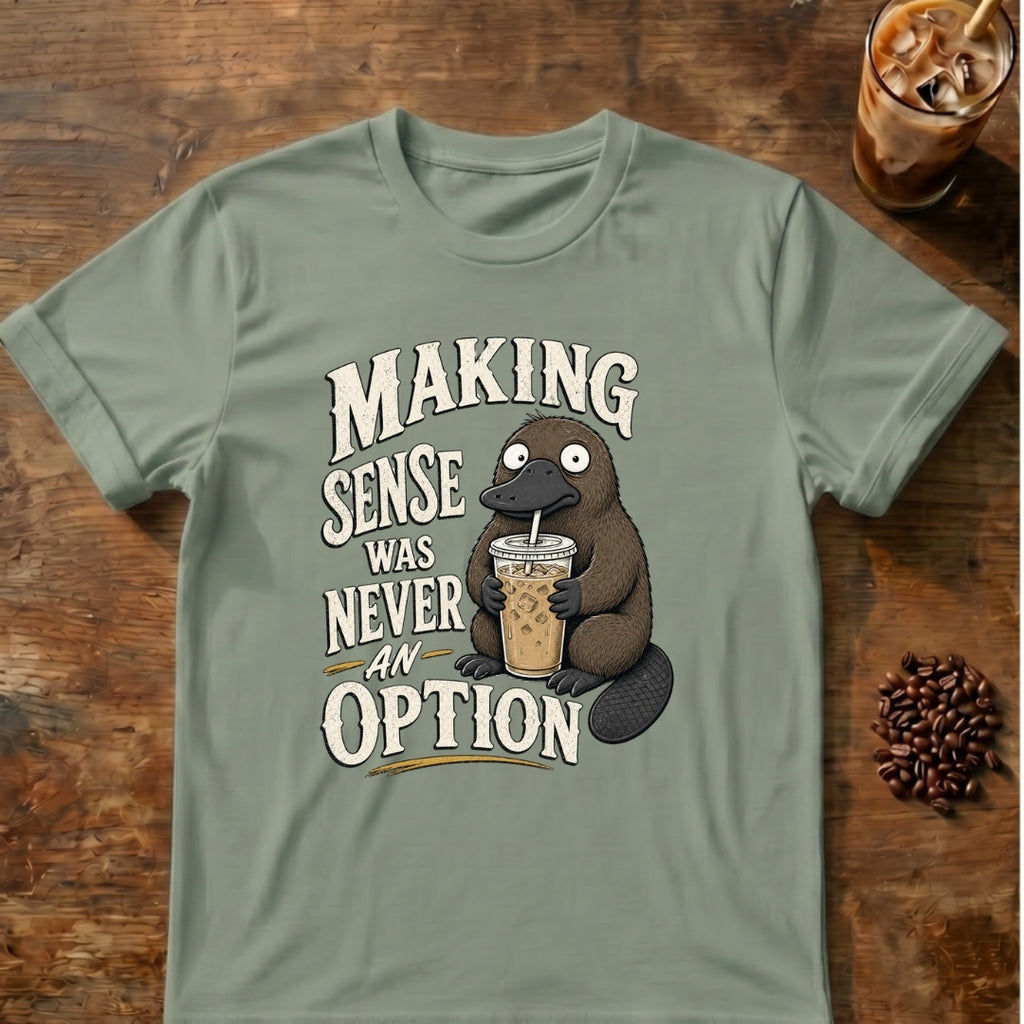 Platypus graphic for Making Sense Was Never an Option Platypus on Sage T-shirt