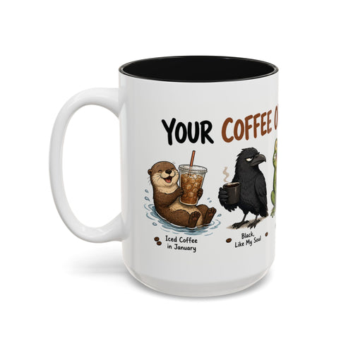 Coffee Order Personalities Animal Mug, 15 oz, white with black interior. Wraparound mug of cute cartoon animals, each matched to a different coffee order