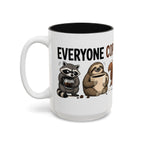 Everyone Copes Differently Animal Coffee Mug, another view. Wraparound mug with a raccoon, sloth, squirrel, duck and otter coping with coffee under “Everyone Copes Differently”