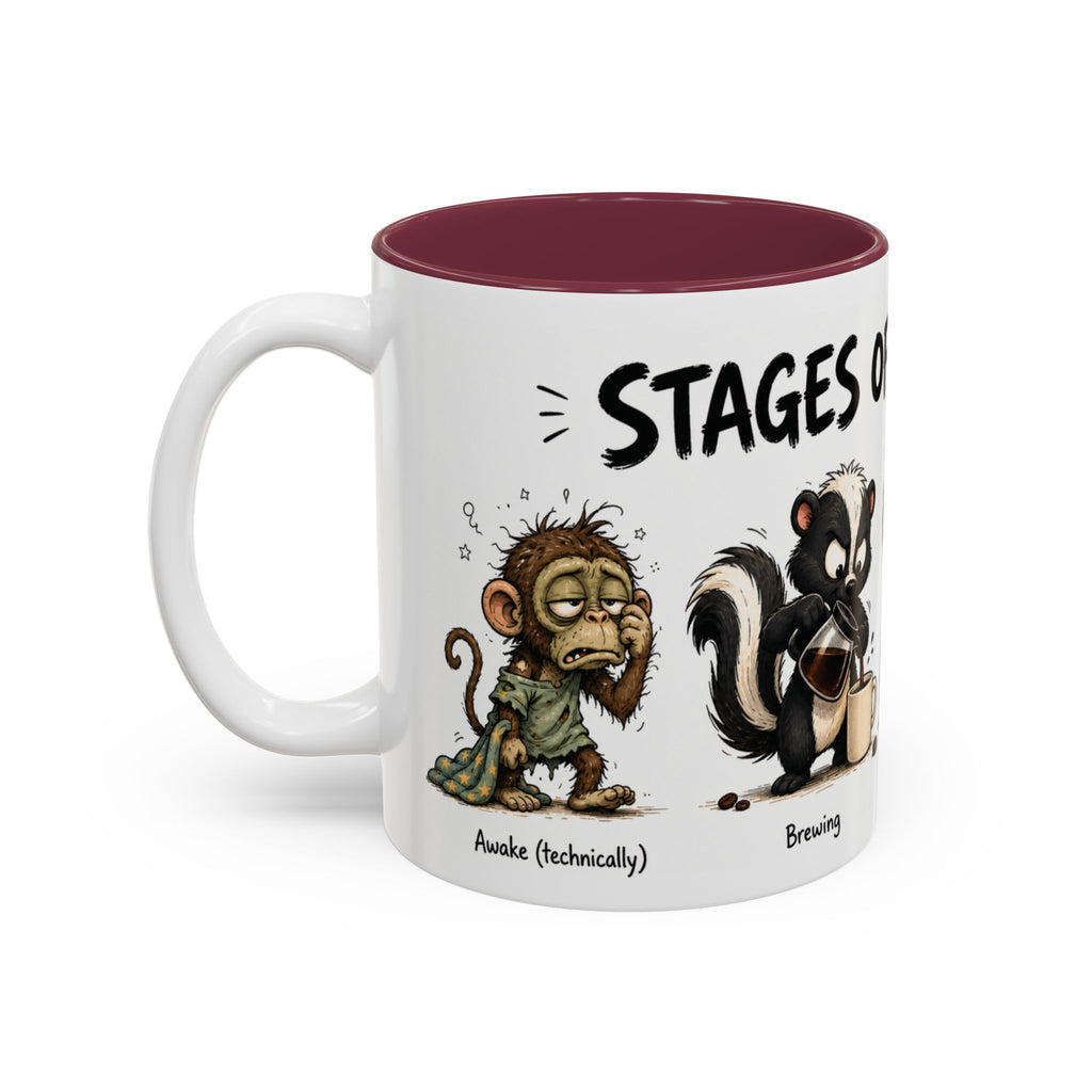 Stages of Morning Animal Coffee Mug, 11 oz, white with maroon interior. Wraparound mug of cute animals, including a koala and a skunk, going through the “Stages of Morning” with coffee