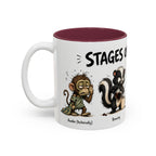 Stages of Morning Animal Coffee Mug, 11 oz, white with maroon interior. Wraparound mug of cute animals, including a koala and a skunk, going through the “Stages of Morning” with coffee