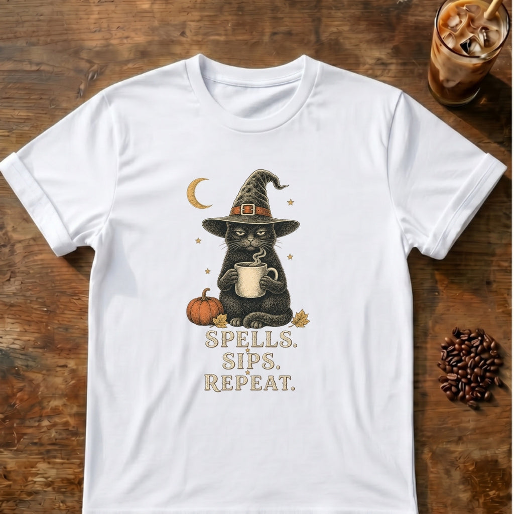 Black cat in a witch hat holding a steaming mug beside a pumpkin under a crescent moon with the words Spells. Sips. Repeat on a White T-shirt.