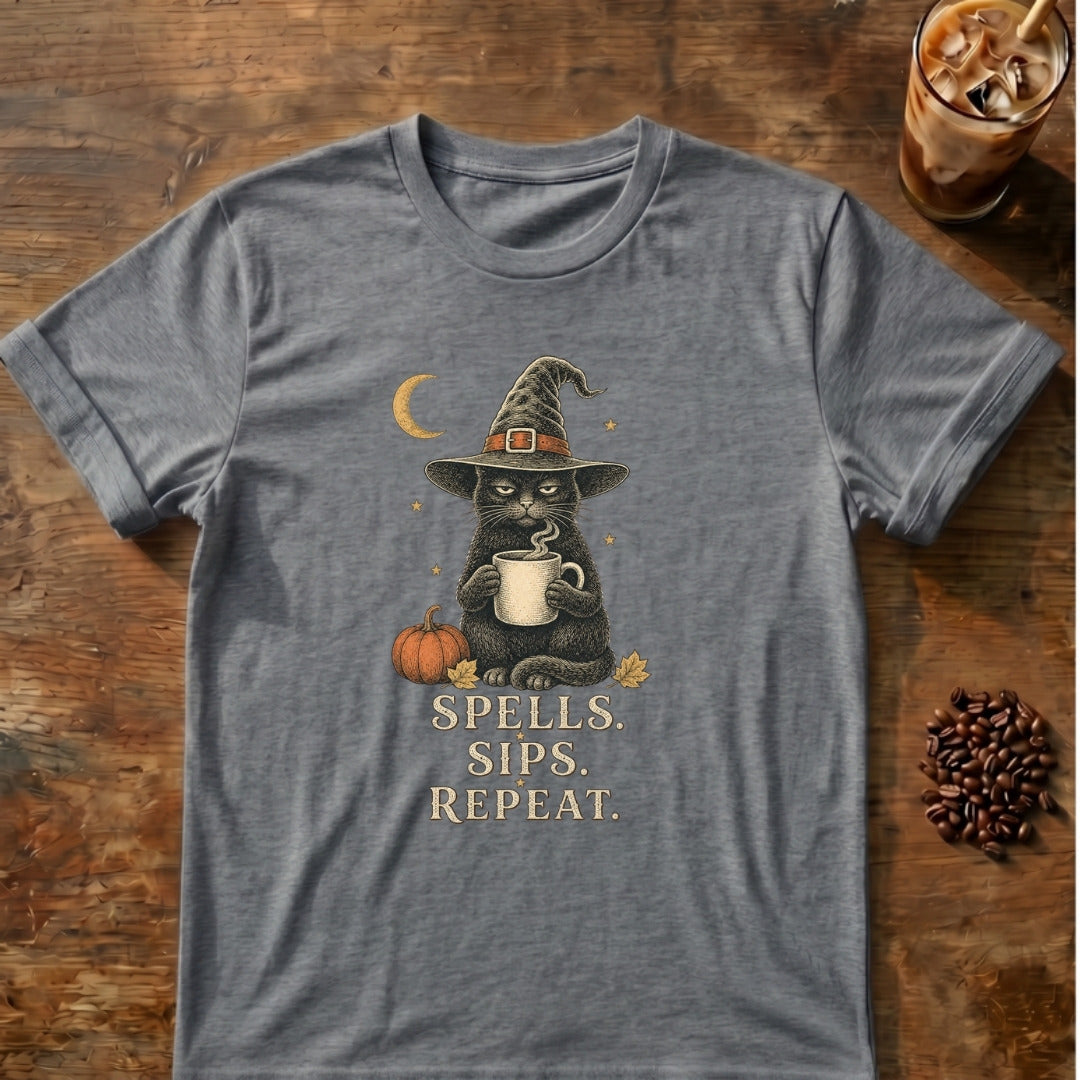 Cat graphic for Spells Sips Repeat Cat on Graphite-Heather T-shirt