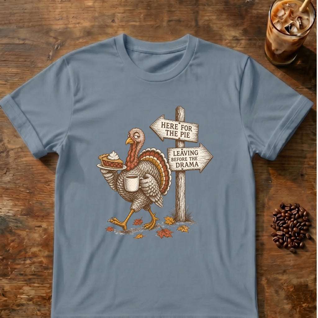 Turkey graphic for Here for the Pie Turkey on Stone-Blue T-shirt