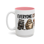 Everyone Copes Differently Animal Coffee Mug, 15 oz, white with pink interior. Wraparound mug with a raccoon, sloth, squirrel, duck and otter coping with coffee under “Everyone Copes Differently”