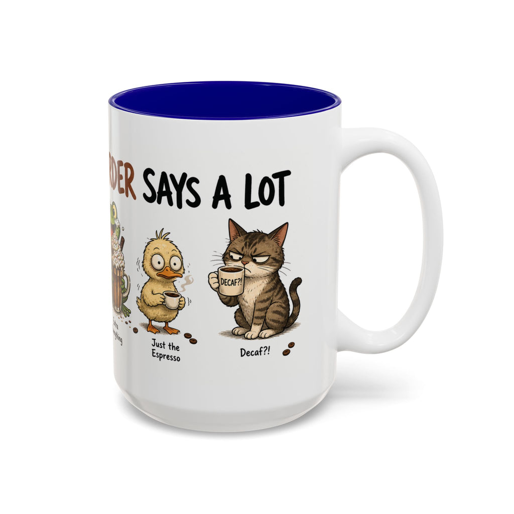 Coffee Order Personalities Animal Mug, another view. Wraparound mug of cute cartoon animals, each matched to a different coffee order