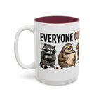 Everyone Copes Differently Animal Coffee Mug, 15 oz, white with maroon interior. Wraparound mug with a raccoon, sloth, squirrel, duck and otter coping with coffee under “Everyone Copes Differently”