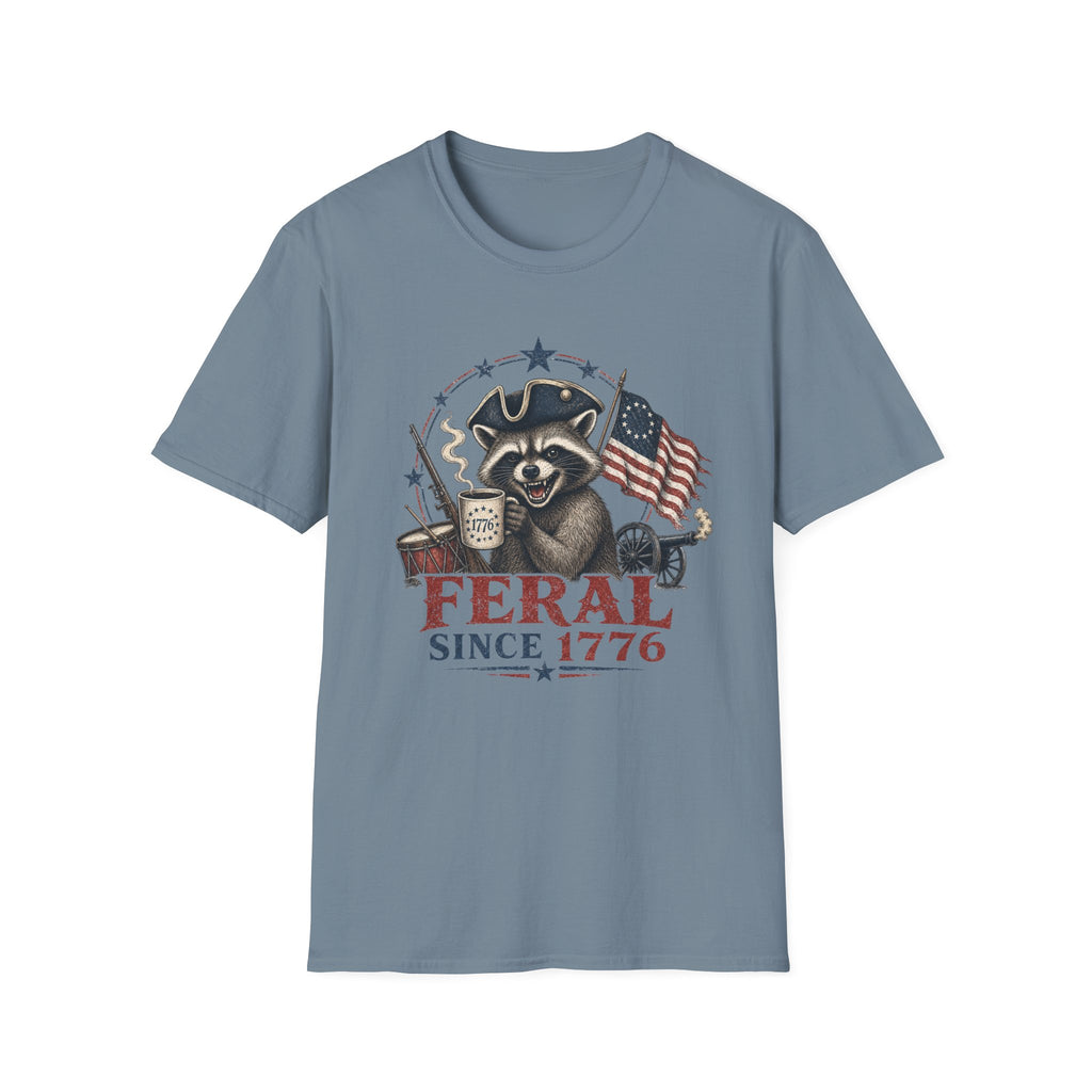 Feral Since 1776 T-Shirt — Patriotic Raccoon Flag Tee