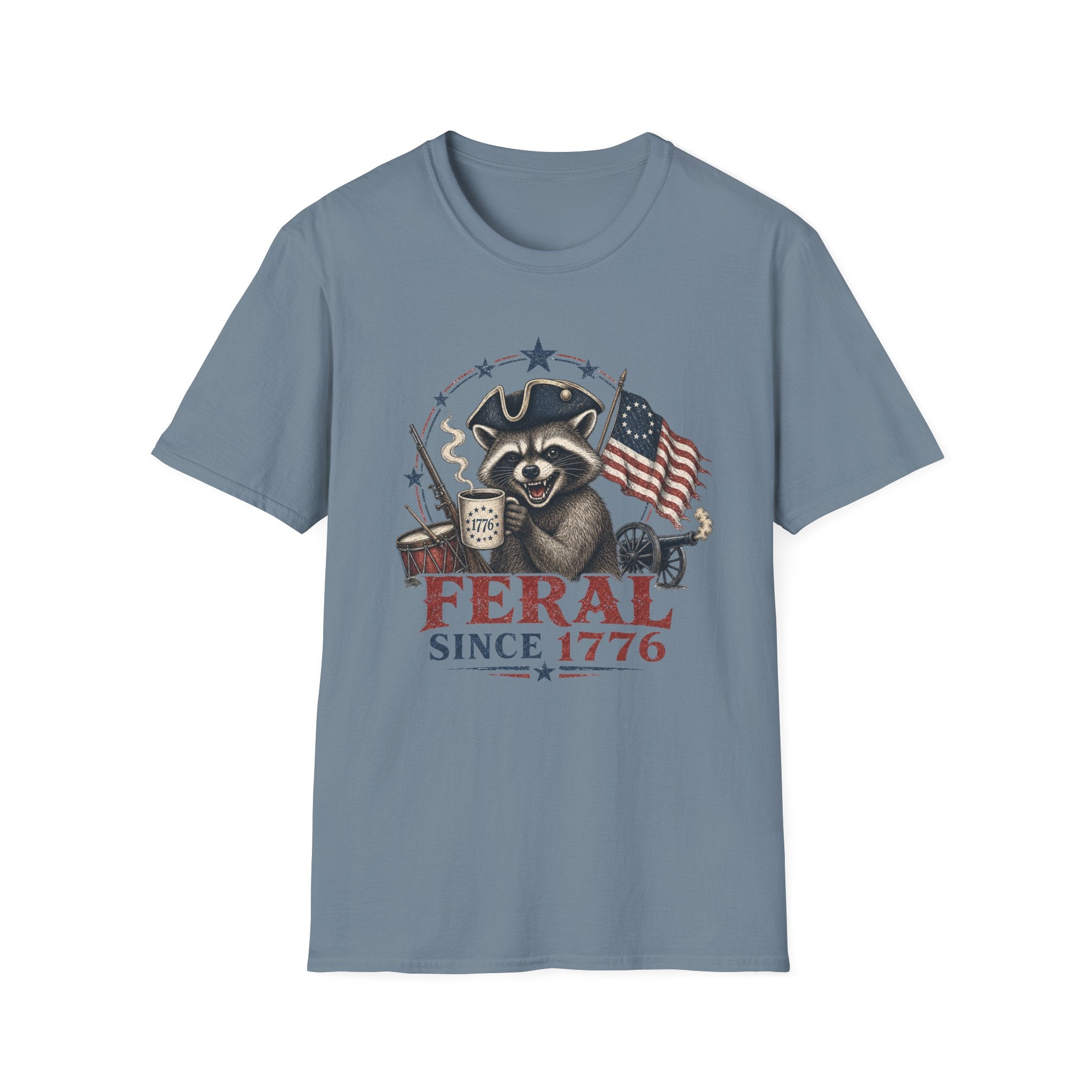 Feral Since 1776 T-Shirt — Patriotic Raccoon Flag Tee