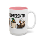 Everyone Copes Differently Animal Coffee Mug, another view. Wraparound mug with a raccoon, sloth, squirrel, duck and otter coping with coffee under “Everyone Copes Differently”