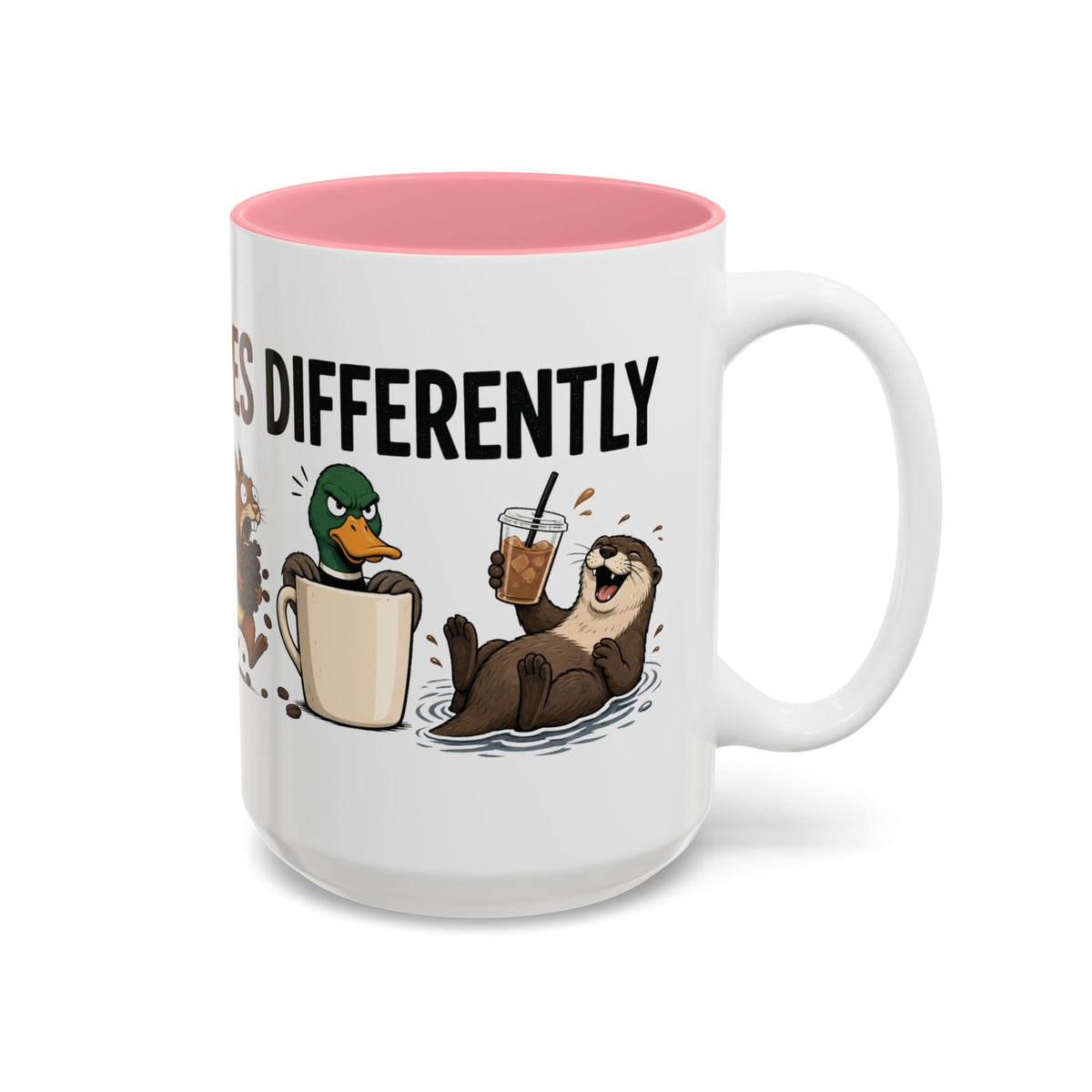 Everyone Copes Differently Animal Coffee Mug, another view. Wraparound mug with a raccoon, sloth, squirrel, duck and otter coping with coffee under “Everyone Copes Differently”