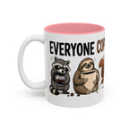 Everyone Copes Differently Animal Coffee Mug, 11 oz, white with pink interior. Wraparound mug with a raccoon, sloth, squirrel, duck and otter coping with coffee under “Everyone Copes Differently”