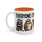 Everyone Copes Differently Animal Coffee Mug, 11 oz, white with orange interior. Wraparound mug with a raccoon, sloth, squirrel, duck and otter coping with coffee under “Everyone Copes Differently”