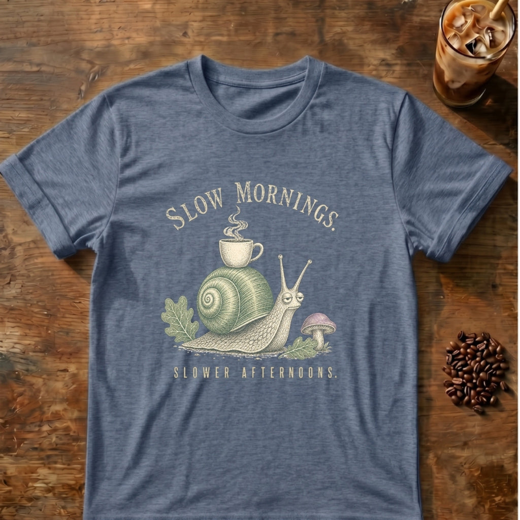 Snail graphic for Slow Mornings Snail on Heather-Indigo T-shirt