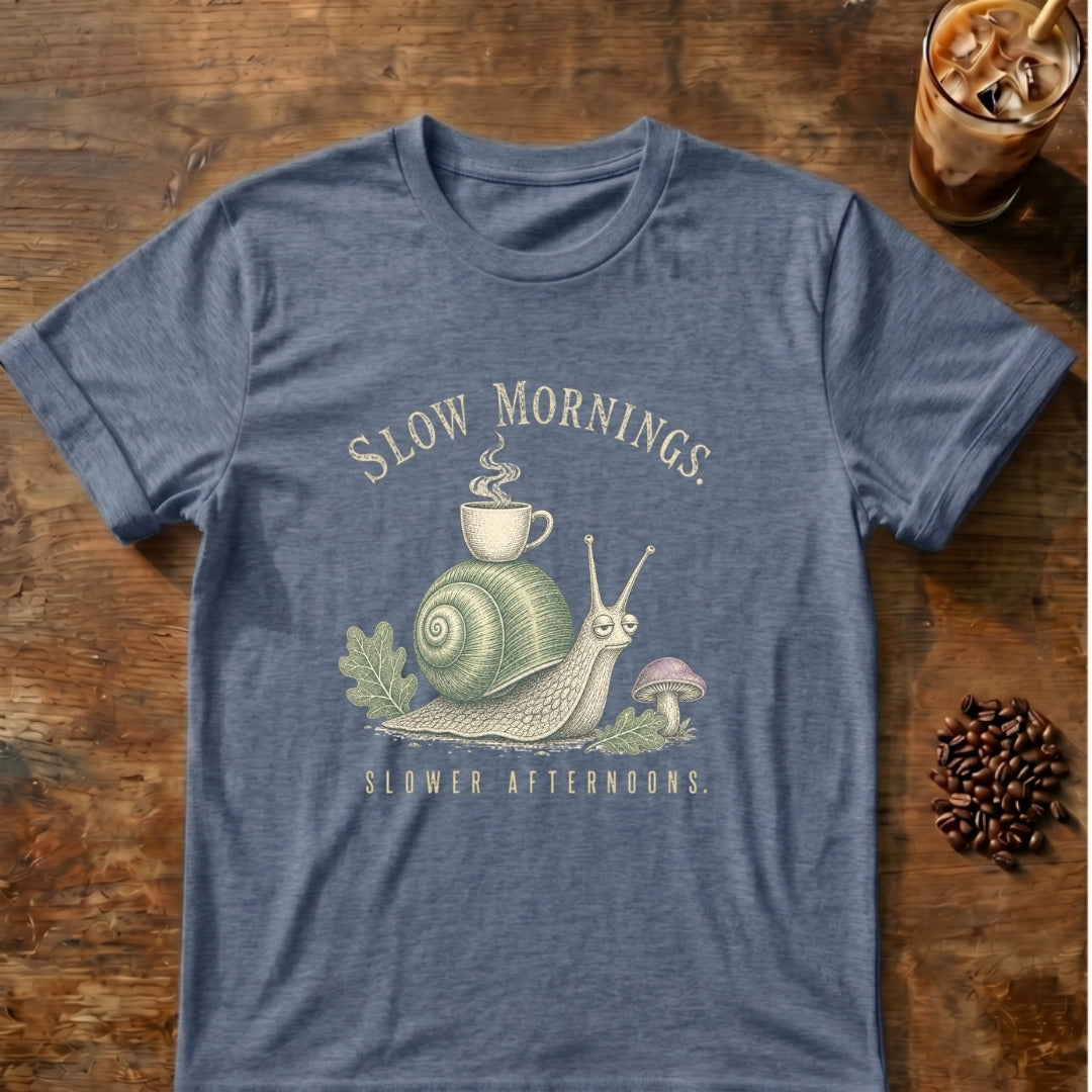 Snail graphic for Slow Mornings Snail on Heather-Indigo T-shirt
