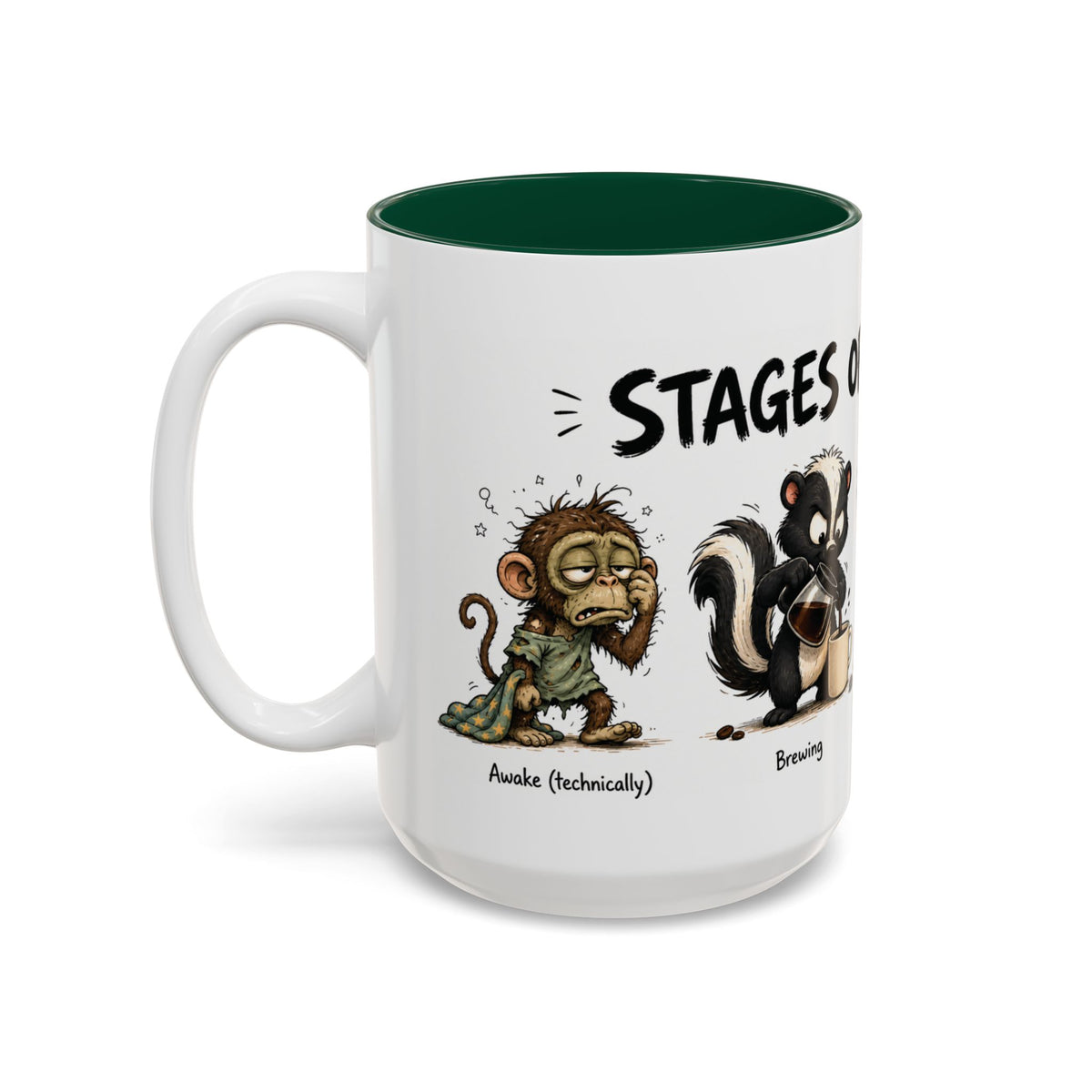 Stages of Morning Animal Coffee Mug, another view. Wraparound mug of cute animals, including a koala and a skunk, going through the “Stages of Morning” with coffee