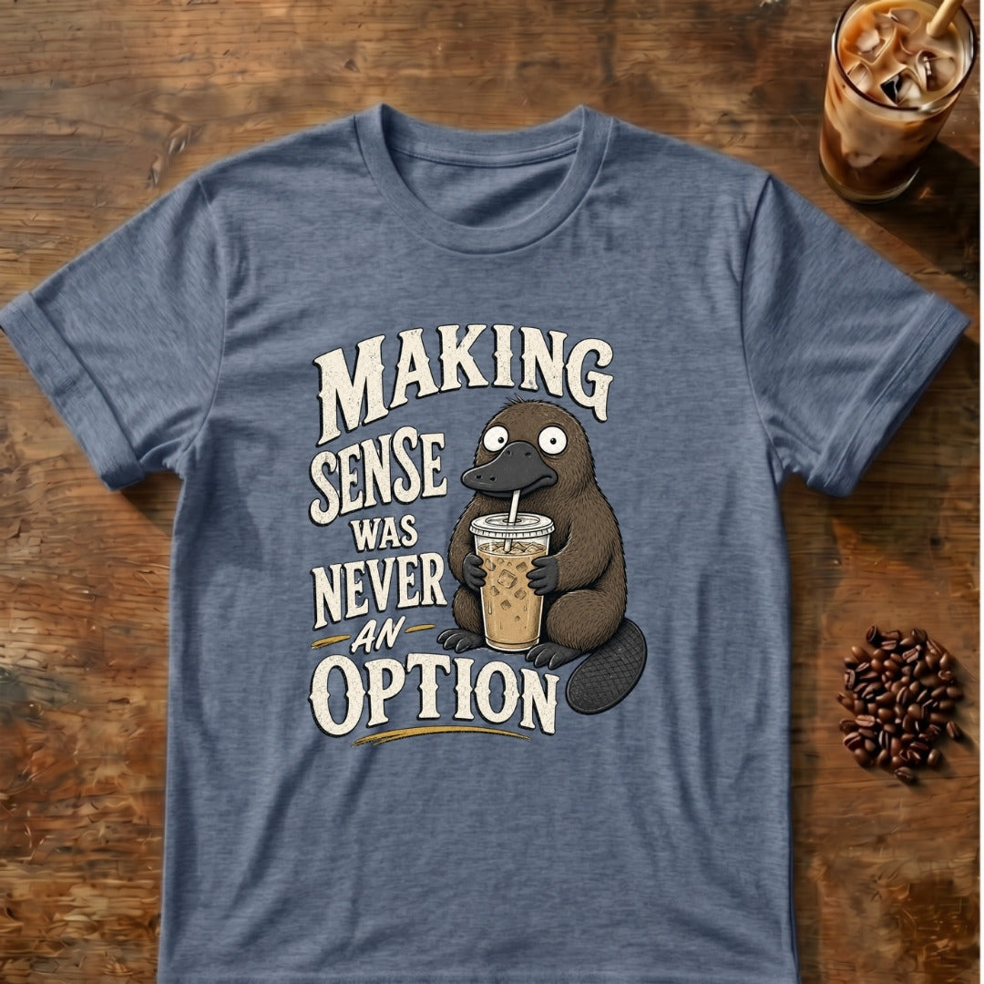 Platypus graphic for Making Sense Was Never an Option Platypus on Heather-Indigo T-shirt