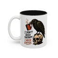I Don't Need Therapy Raven Coffee Mug, 11 oz, white with black interior. Raven perched on a skull holding a dripping coffee mug with “I Don't Need Therapy” text