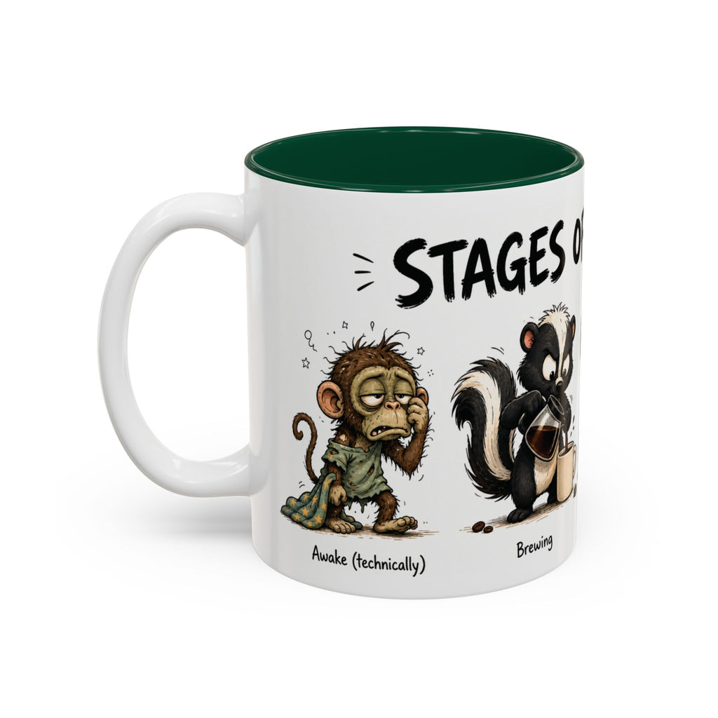 Stages of Morning Animal Coffee Mug, 11 oz, white with green interior. Wraparound mug of cute animals, including a koala and a skunk, going through the “Stages of Morning” with coffee