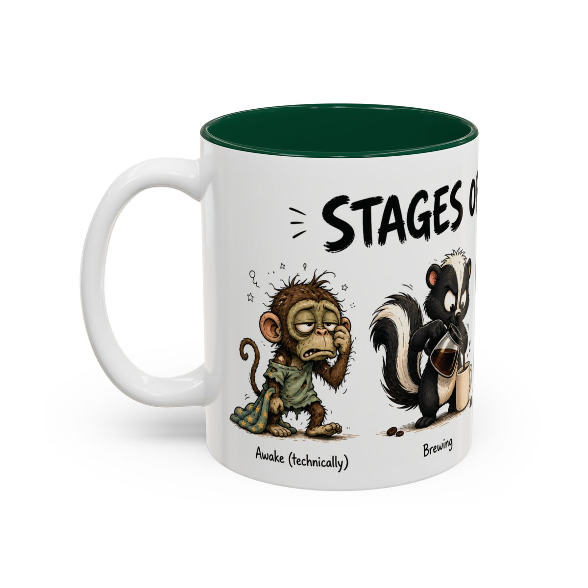 Stages of Morning Animal Coffee Mug, 11 oz, white with green interior. Wraparound mug of cute animals, including a koala and a skunk, going through the “Stages of Morning” with coffee