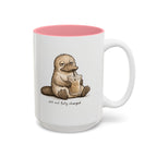 Still Not Fully Charged Platypus Coffee Mug, another view. Sleepy platypus sipping iced coffee with “still not fully charged” text