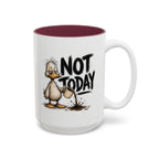 Not Today Duck Coffee Mug, another view. Wild-haired duck watching his coffee spill from a tipped mug