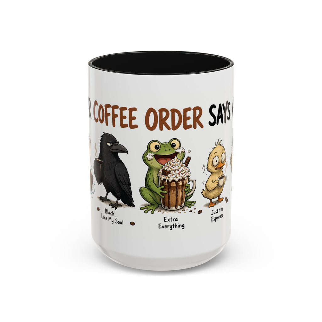 Coffee Order Personalities Animal Mug, another view. Wraparound mug of cute cartoon animals, each matched to a different coffee order