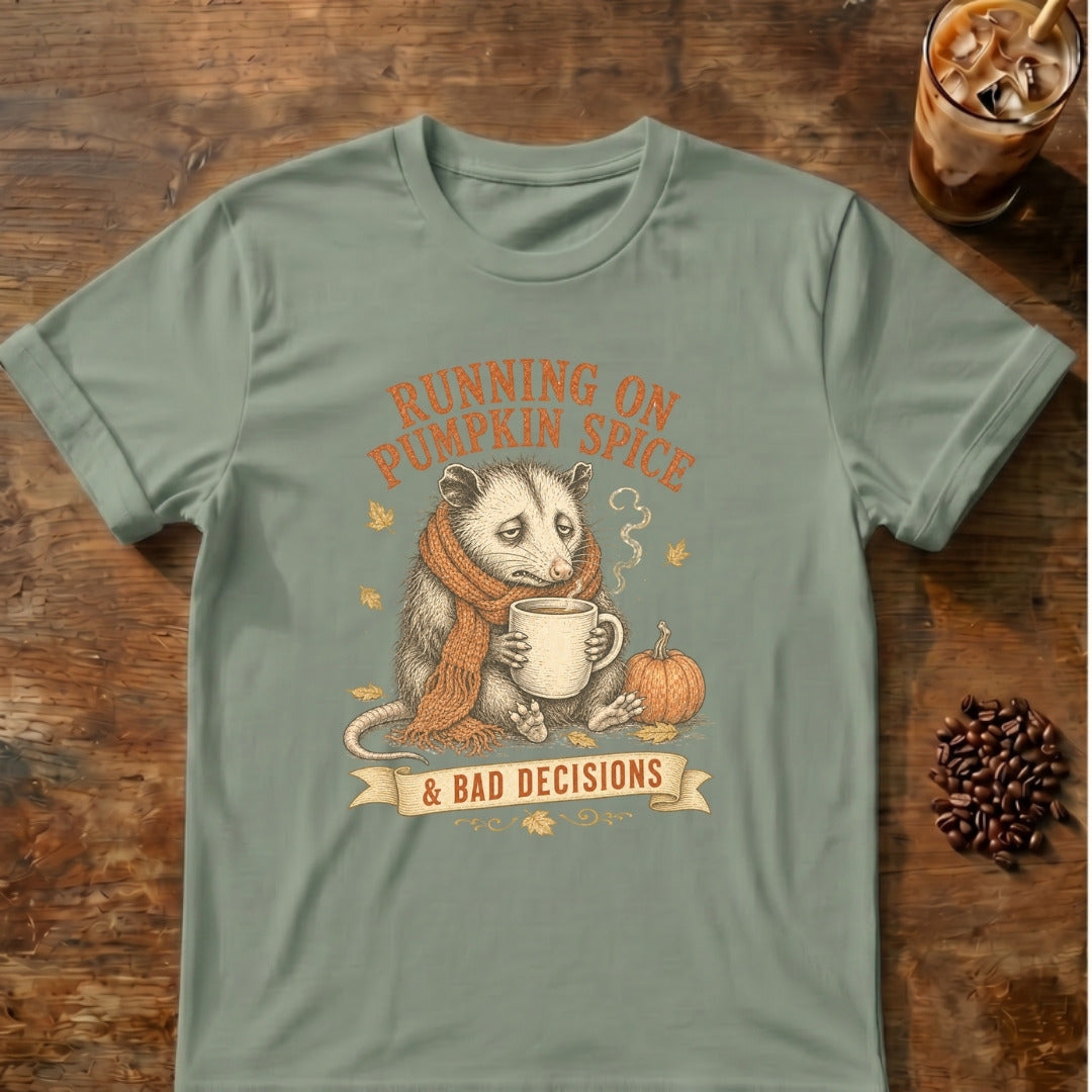 Opossum graphic for Pumpkin Spice & Bad Decisions Opossum on Sage T-shirt
