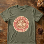 Raccoon graphic for Leftovers & Lattes Raccoon on Heather-Military-Green T-shirt