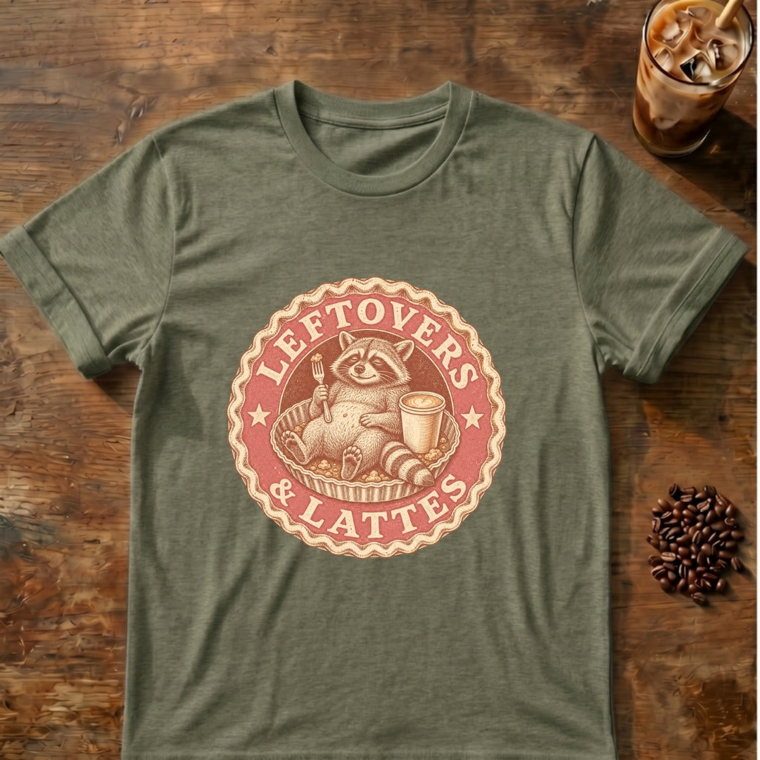 Raccoon graphic for Leftovers & Lattes Raccoon on Heather-Military-Green T-shirt