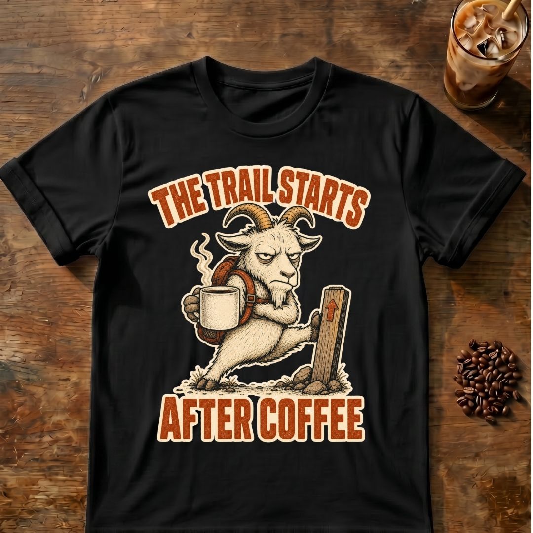 Goat coffee graphic for Trail Starts on black T-shirt