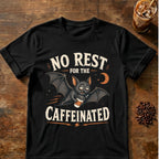 A black short-sleeve graphic T-shirt laid flat on a rustic wooden surface, with a bat illustration and the text 'NO REST FOR THE CAFFEINATED.' Coffee-themed props, including an iced drink, coffee beans, and a spoon, are placed around it.