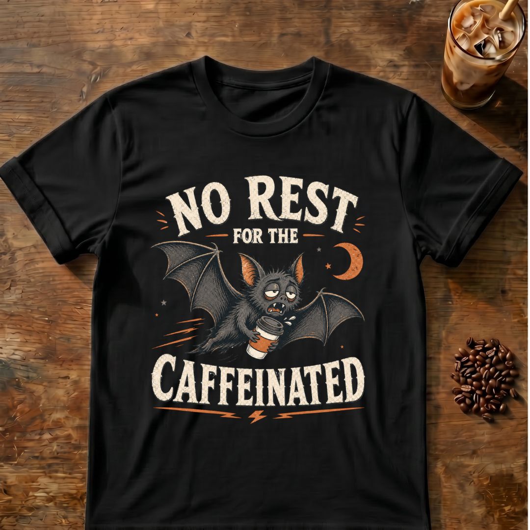 A black short-sleeve graphic T-shirt laid flat on a rustic wooden surface, with a bat illustration and the text 'NO REST FOR THE CAFFEINATED.' Coffee-themed props, including an iced drink, coffee beans, and a spoon, are placed around it.