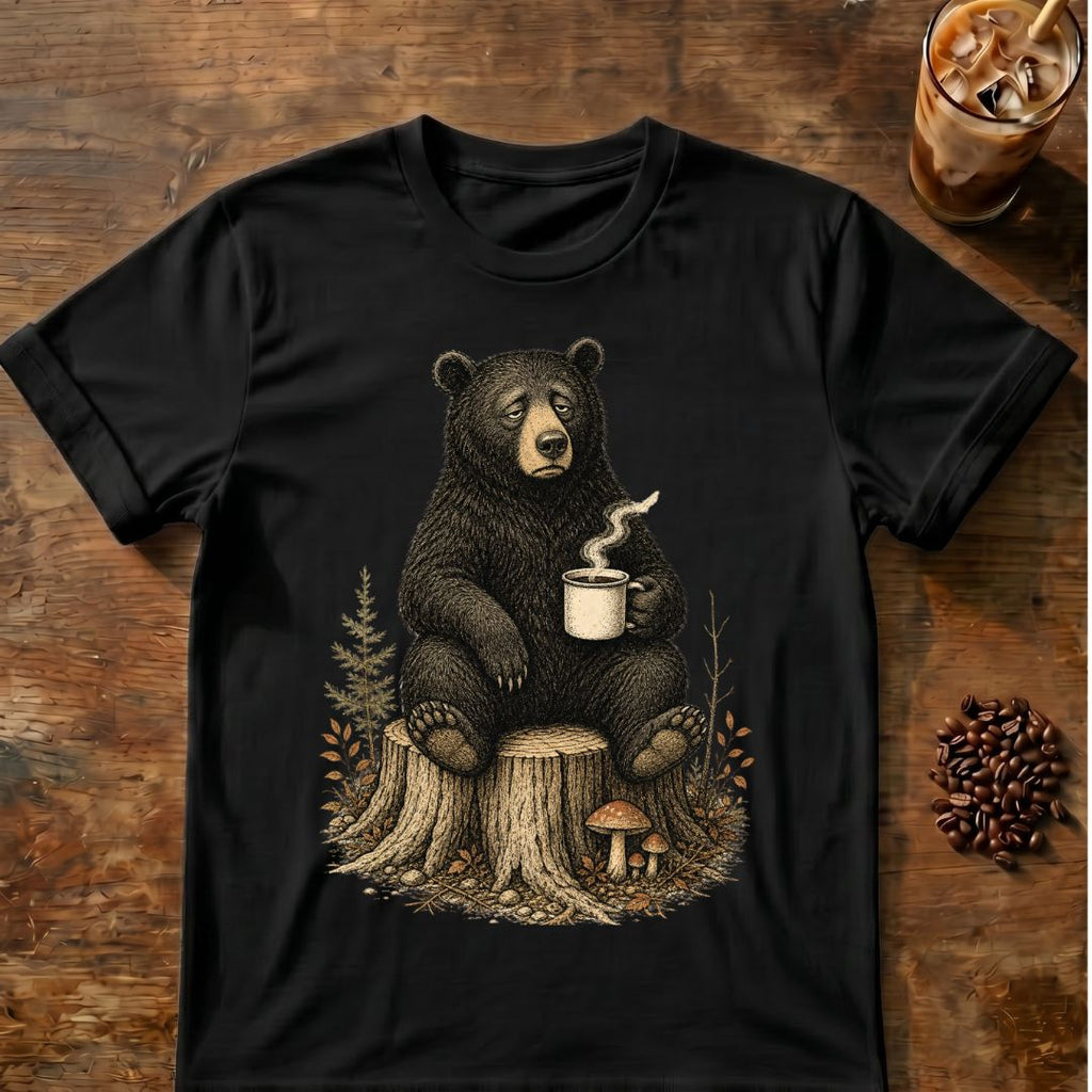 Bear coffee graphic for Sleepy Bear Coffee on black T-shirt