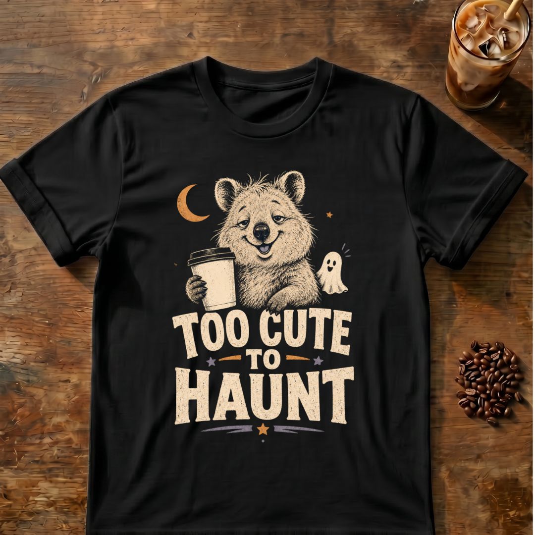 Quokka coffee graphic for Too Cute to Haunt Quokka on black T-shirt