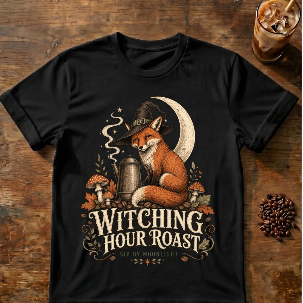 Red fox in witch hat beside steaming coffee pot and crescent moon with “Witching Hour Roast” text