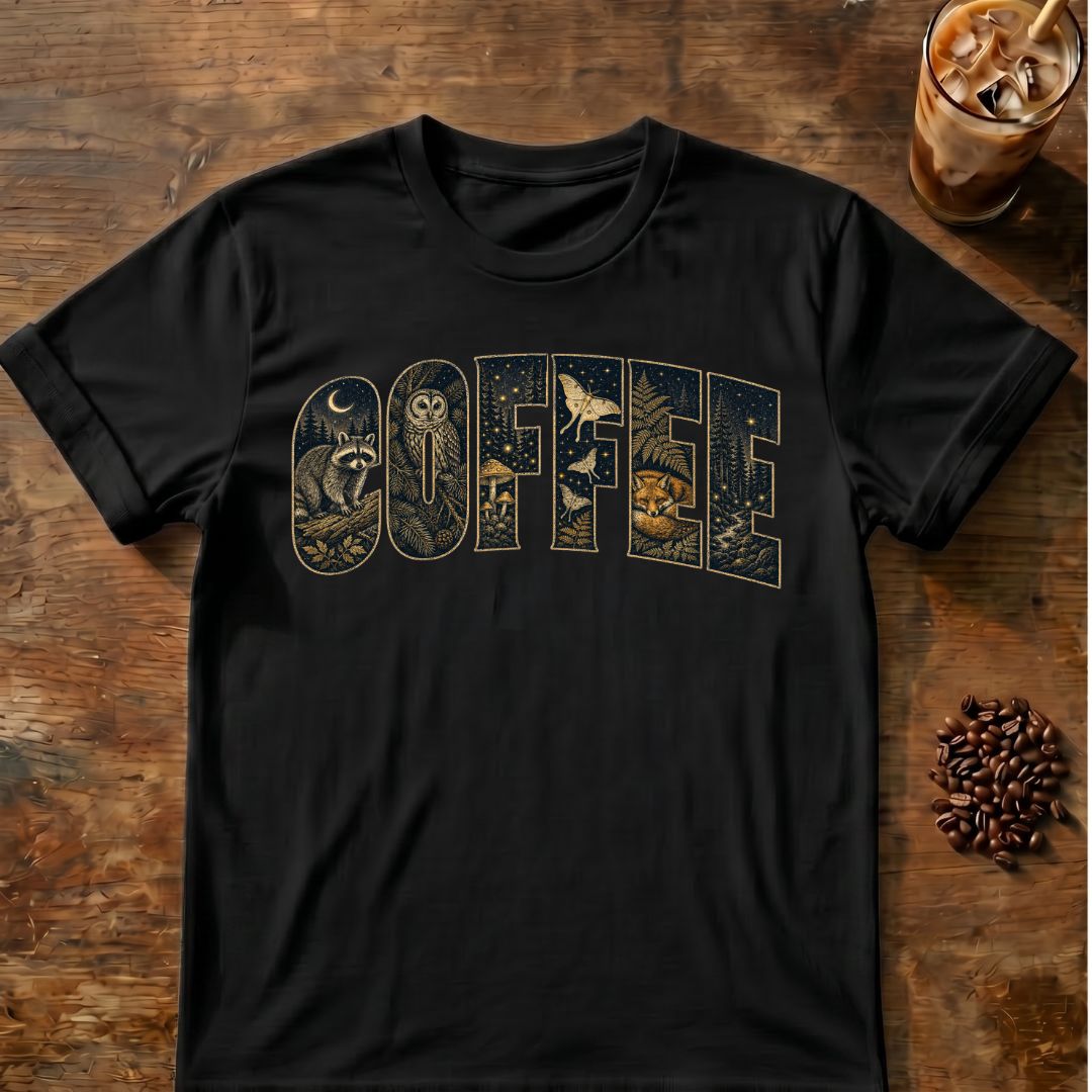 Raccoon coffee graphic for Woodland Coffee Typography on black T-shirt