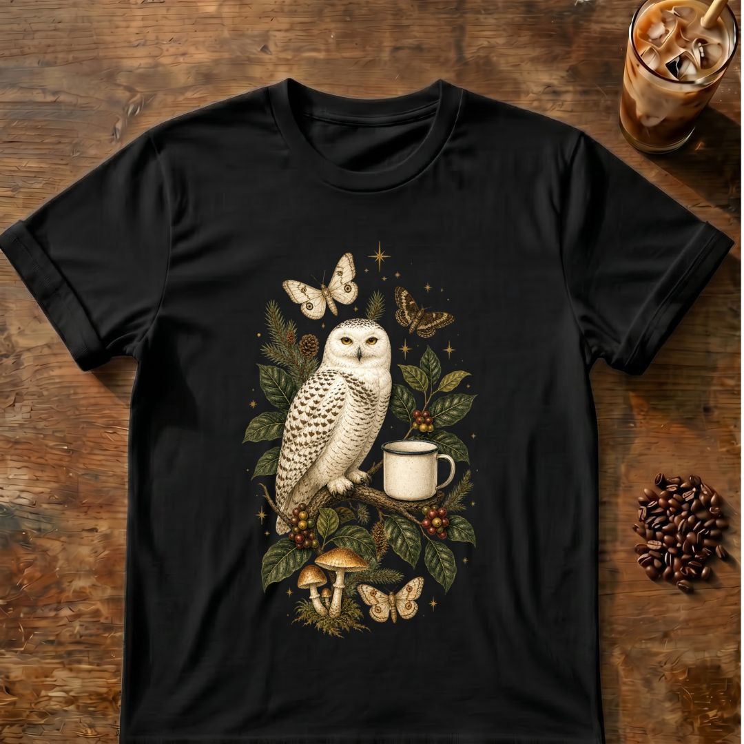 Butterfly coffee graphic for Snowy Owl Coffee Botanical on black T-shirt