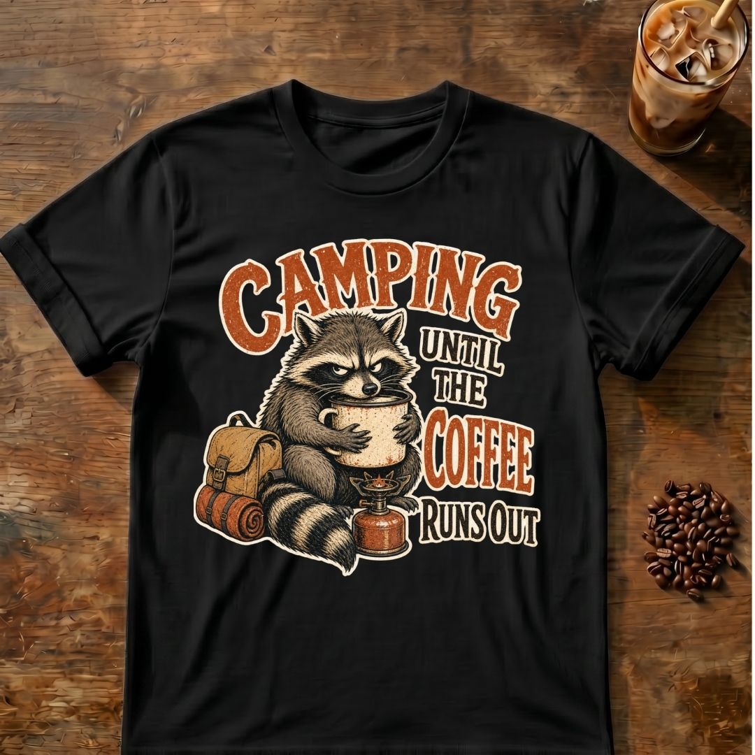 Raccoon coffee graphic for Camping Until on black T-shirt