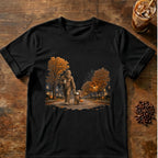 Bigfoot holding coffee and walking with a small costumed trick-or-treater through a pumpkin-lined autumn neighborhood at Halloween