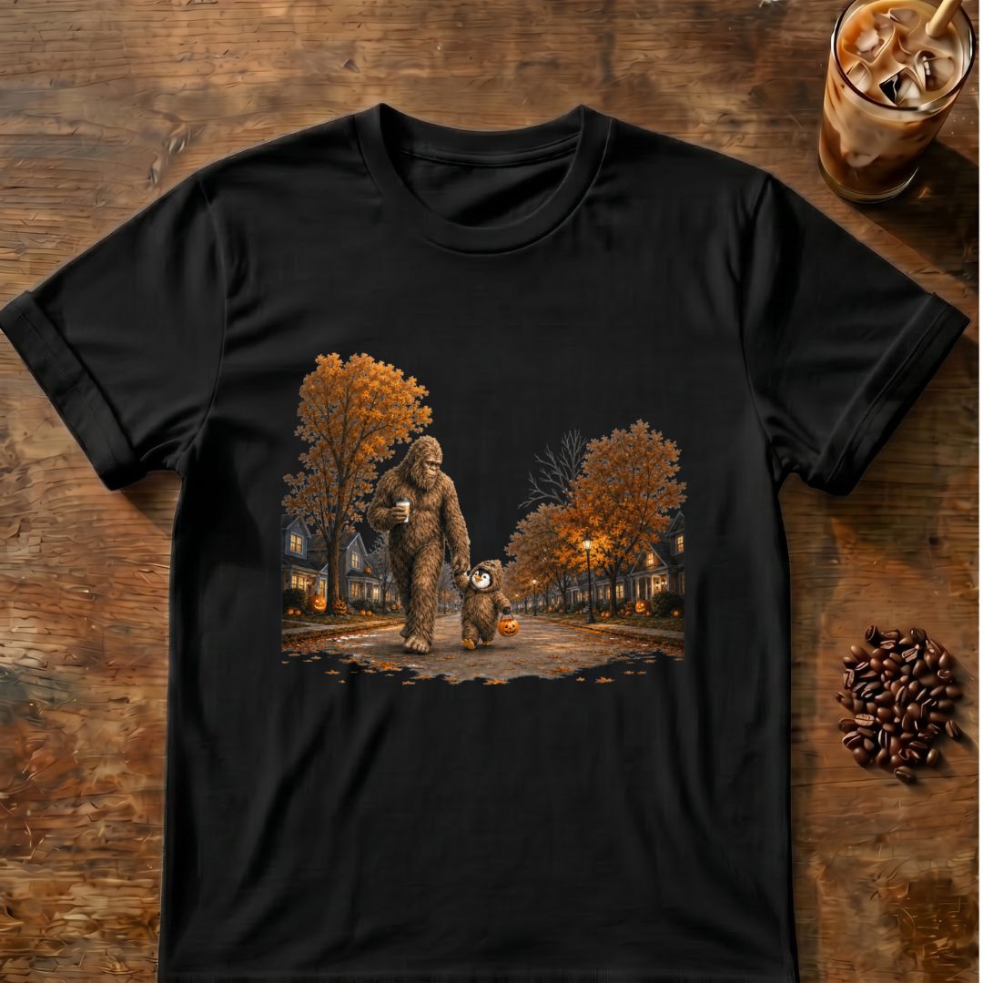 Bigfoot holding coffee and walking with a small costumed trick-or-treater through a pumpkin-lined autumn neighborhood at Halloween