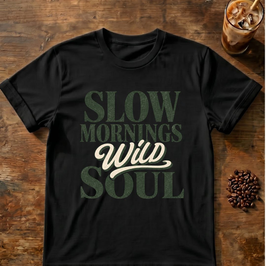 Coffee graphic for Slow Mornings Wild Soul on black T-shirt