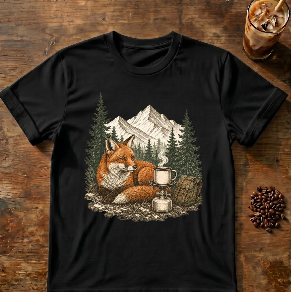 Fox coffee graphic for Mountain Fox Camp Coffee on black T-shirt